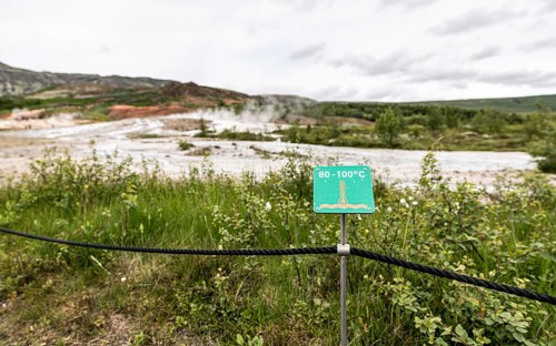 High temperature warning sign in Haukadalur geothermal, Iceland, Europe