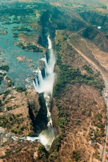 Victoria Falls in Zimbabe at dry time as aerial shot made out of a helicopter