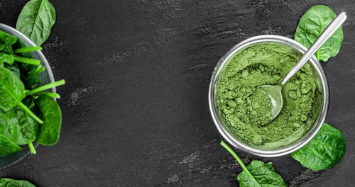 Homemade green spinach powder (close up shot, selective focus)