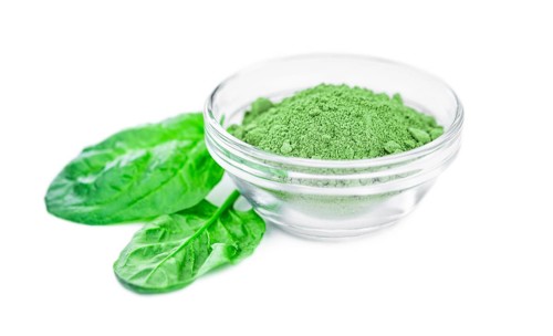 Spinach powder isolated on white background (close up, selective focus)