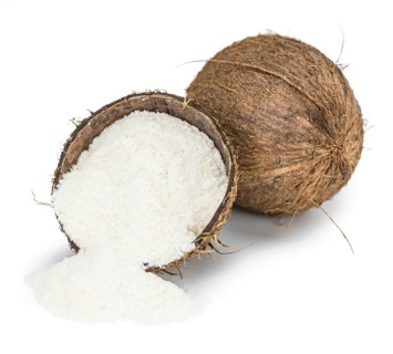 Coconut flour as detailed close-up shot isolated on white background (selective focus)