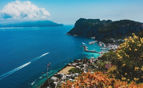 View of beautiful Marina Grande habour from above, Capri island, Italy, Europe