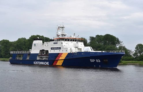 Coastguard vessel in the Kiel Canal, Kiel Canal, Schleswig-Holstein, Germany, Europe