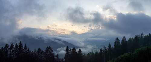 Evening clouds and fog over the Liesingtal, in the valley the village Traboch, Schoberpass federal