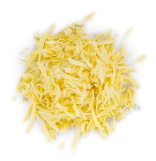 Grated Cheese isolated on white background (close-up shot, selective focus)