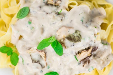 Porcini pasta as high detailed close-up shot on a vintage wooden table, selective focus
