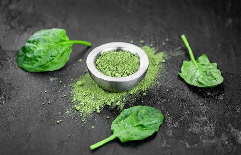 Homemade green spinach powder (close up shot, selective focus)