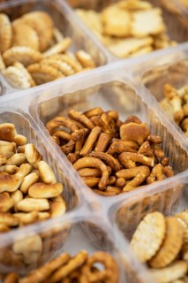 Portion of mixed Snacks (detailed close up shot, selective focus)