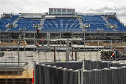 Scaffolders at work, erecting a large scaffold, grandstands for the Olympic Games, Place de la