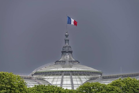 The French national flag, tricolour, on the Grand Palais, Paris, ÃŽle-de-France, France, Europe