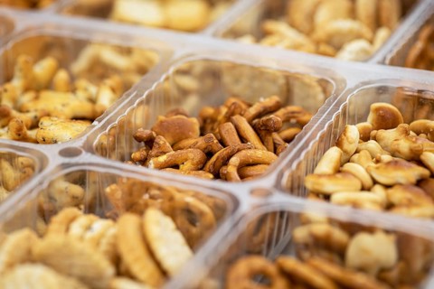 Portion of mixed Snacks (detailed close up shot, selective focus)