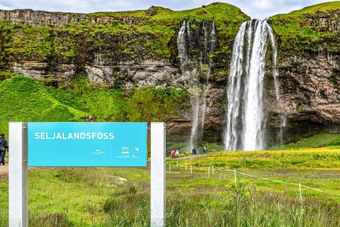 Seljalandsfoss waterfall in south Iceland during a sunset