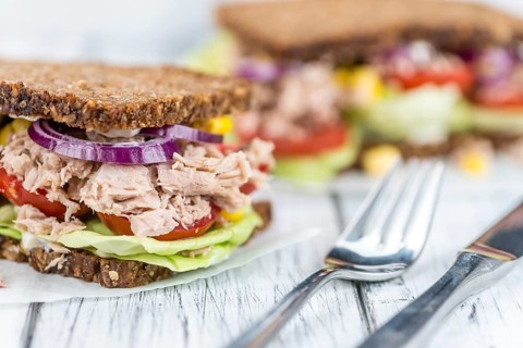 Fresh made Tuna sandwich with wholemeal bread (selective focus, close-up shot)