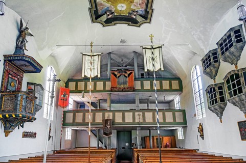 Organ loft, Church of St Martin from 1746 in Eisenbach, Kreuzthal, Markt Buchenberg, Allgäu,