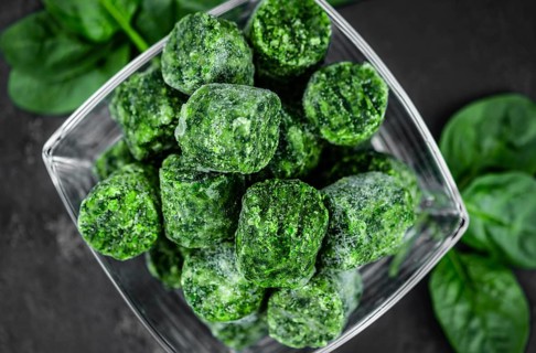 Frozen spinach cubes as detailed close up shot (selective focus)