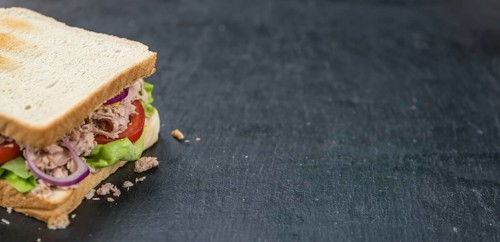Slate slab with a fresh made Tuna Sandwich (selective focus, close-up shot)
