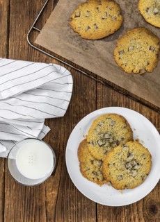 Portion of Chocolate Chip Cookies as detailed close-up shot, selective focus