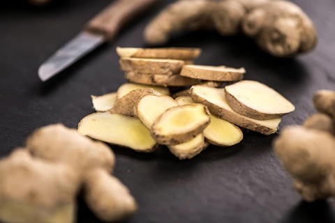 Some fresh Ginger Slices (selective focus, close-up shot)