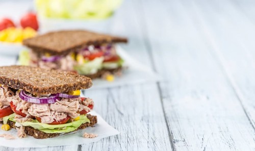 Fresh made Tuna sandwich with wholemeal bread (selective focus, close-up shot)