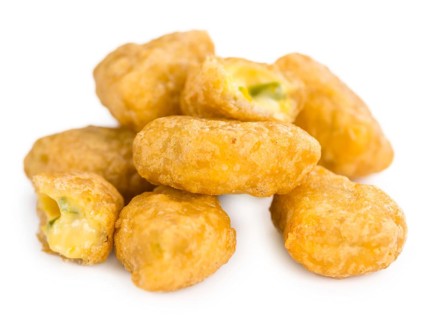 Portion of fresh made Chili Cheese Nuggets isolated on white background