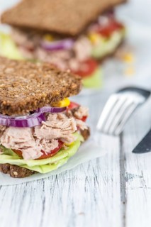 Fresh made Tuna sandwich with wholemeal bread (selective focus, close-up shot)