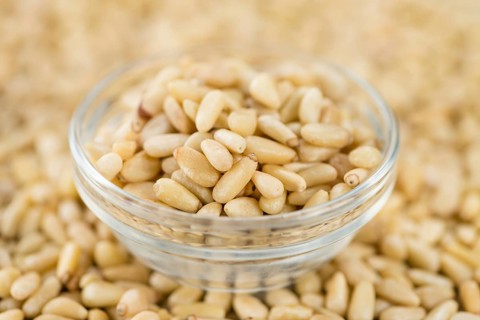 Portion of fresh Pine Nuts (close-up shot, selective focus)