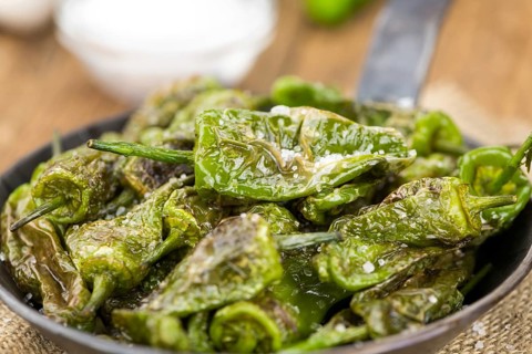 Pimientos de Padron on a vintage background as detailed close-up shot, selective focus