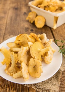 Fresh harvested Chanterelles (on a wooden table) as detailed close-up shot