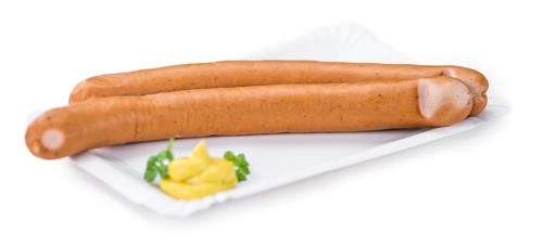 Portion of Wiener Sausages (as close-up shot) isolated on white background