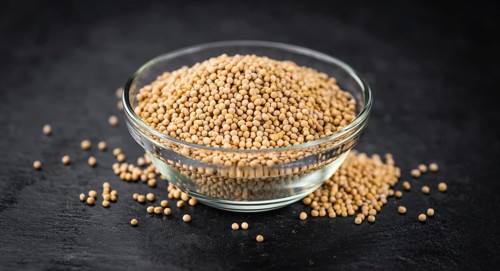 Portion of Seeds (Mustard) on a rustic slate slab (selective focus, close-up shot)