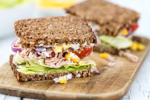 Fresh made Tuna sandwich with wholemeal bread (selective focus, close-up shot)