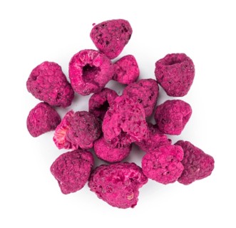 Portion of Dried Raspberries as detailed close-up shot isolated on white background