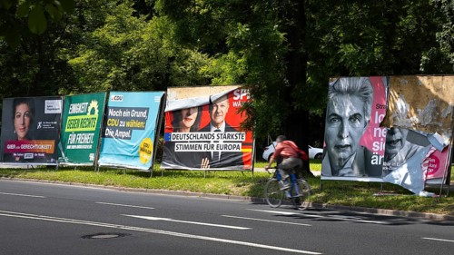 Election posters of the parties Alliance Sahra Wagenknecht, Greens, CDU, SPD and FDP stand on the