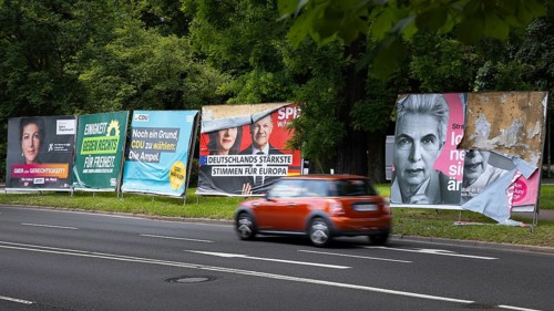 Election posters of the parties Alliance Sahra Wagenknecht, Greens, CDU, SPD and FDP stand on the