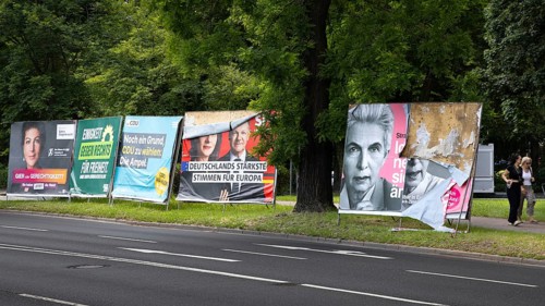 Election posters of the parties Alliance Sahra Wagenknecht, Greens, CDU, SPD and FDP stand on the