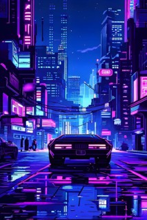 Pixel art of a cyberpunk city scape at night with neon infused skyline, AI generated