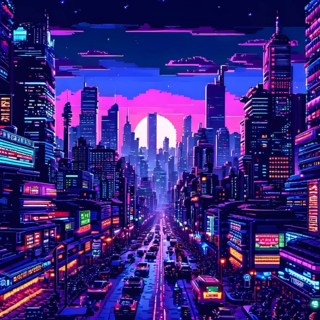 Pixel art of a cyberpunk city scape at night with neon infused skyline, AI generated