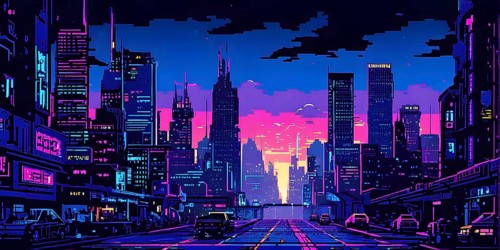 Pixel art of a cyberpunk city scape at night with neon infused skyline, AI generated
