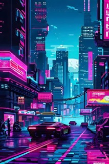 Pixel art of a cyberpunk city scape at night with neon infused skyline, AI generated
