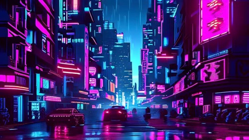 Pixel art of a cyberpunk city scape at night with neon infused skyline, AI generated
