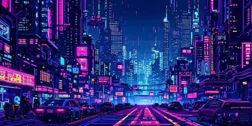 Pixel art of a cyberpunk city scape at night with neon infused skyline, AI generated