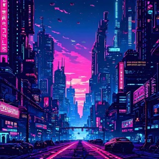 Pixel art of a cyberpunk city scape at night with neon infused skyline, AI generated