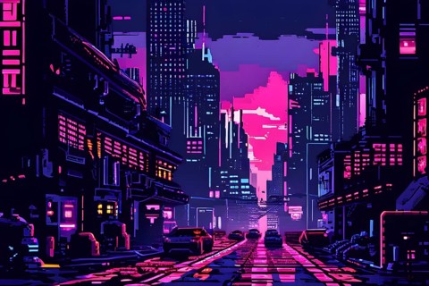 Pixel art of a cyberpunk city scape at night with neon infused skyline, AI generated
