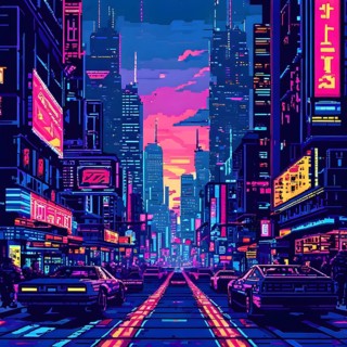 Pixel art of a cyberpunk city scape at night with neon infused skyline, AI generated