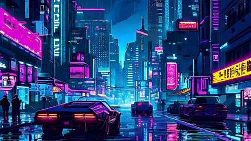 Pixel art of a cyberpunk city scape at night with neon infused skyline, AI generated