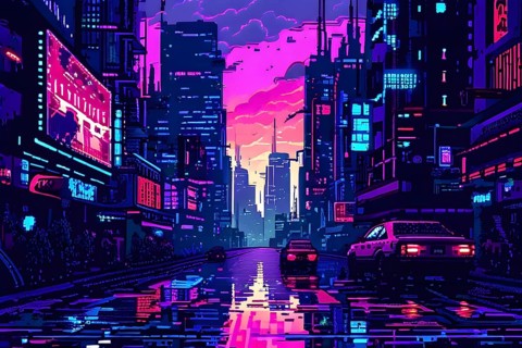 Pixel art of a cyberpunk city scape at night with neon infused skyline, AI generated
