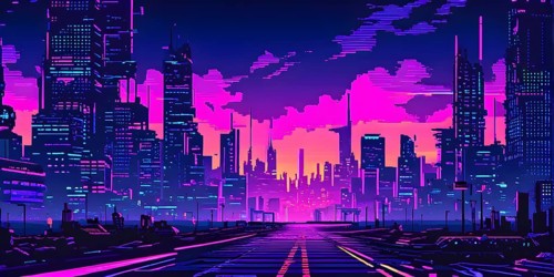 Pixel art of a cyberpunk city scape at night with neon infused skyline, AI generated