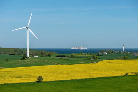 View from Hatbakken Fakkebjerg, Bagenkop, Langeland, agriculture, rape cultivation, lighthouse