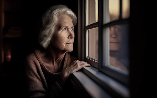 An elderly woman sits in her old flat and looks bored out of the window, loneliness, poverty in old