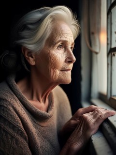 An elderly woman sits in her old flat and looks bored out of the window, loneliness, poverty in old